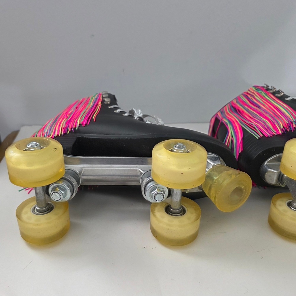 Doll Kills Black Quad Roller Skates Neon Rainbow Fringe Silver Laces  Sz 8 - Picture 3 of 14